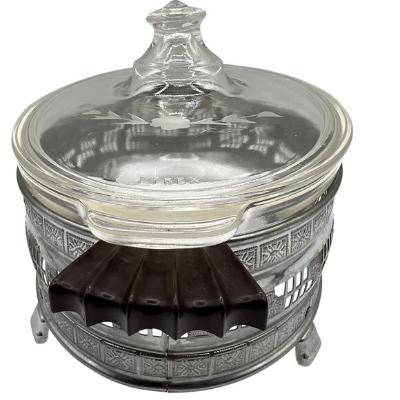 Pyrex 1.5qt Vintage Oval Glass Casserole Dish Etched Silver Plated Footed Holder - Picture 7 of 16